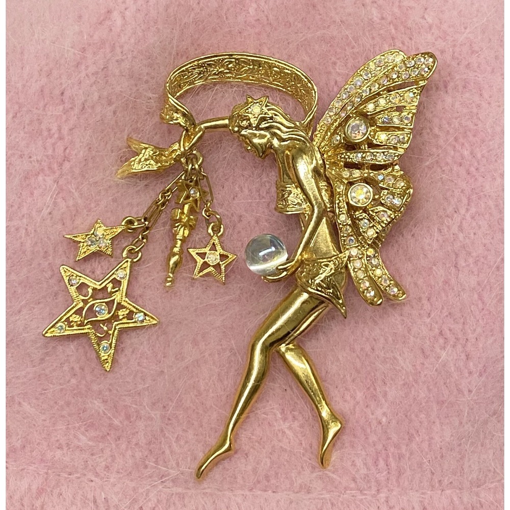 Kirk's Folly Fairy Godmother Dangle Brooch GoldTone AB Rhinestones Crystal Ball